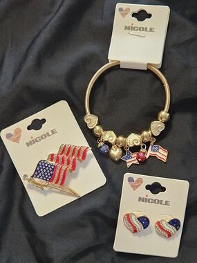 Nicole Gold-Tone Patriotic Jewelry Trio with Red, White & Blue Enamel